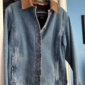 Woolrich Women's Denim Jacket with Tan Leather Collar